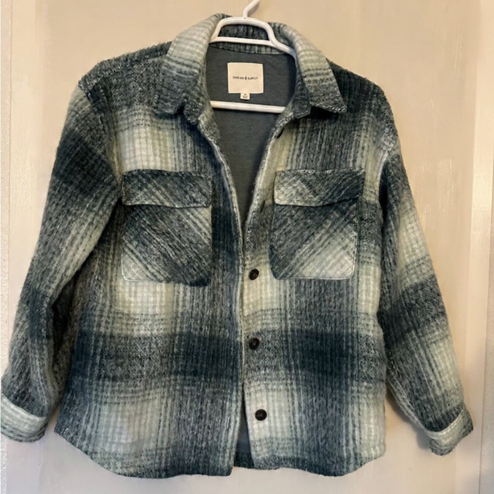 Thread & Supply Checkered Teddy Jacket in Gray and Cream